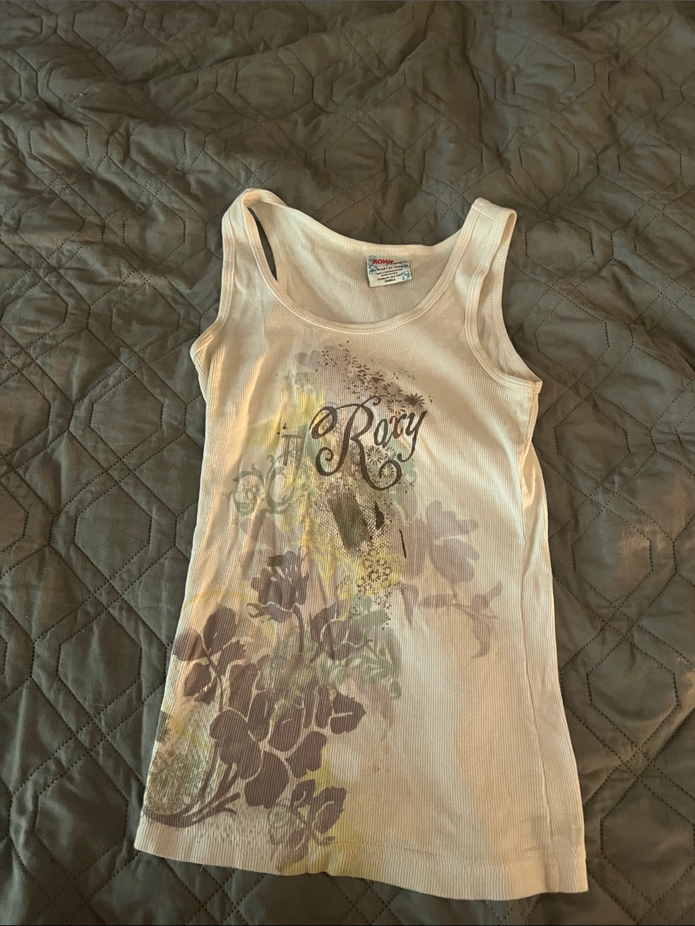 Roxy Cream Graphic Floral Tank Top with Purple and Yellow Accents